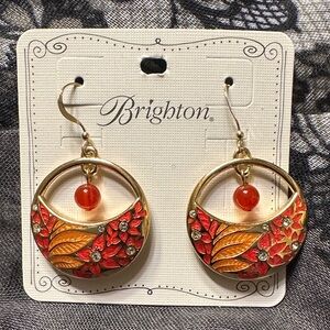 Brighton Gold-Tone Red and Orange Enamel Floral Hoop Earrings
